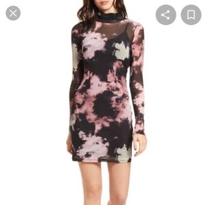 LONG SLEEVE TIE DYE MESH TURTLENECK DRESS IN BLACK